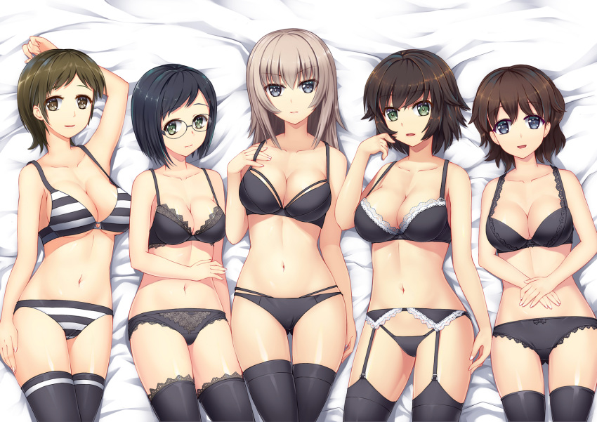 adjusting_bra adjusting_clothes akaboshi_koume arm_up ass_visible_through_thighs bangs bed_sheet black_bra black_eyes black_hair black_legwear black_panties blue_eyes bow bow_bra bow_panties bra breasts brown_eyes brown_hair chinese_commentary cleavage closed_mouth collarbone commentary_request crotch_seam eyebrows_visible_through_hair fingernails from_above garter_belt girls_und_panzer glasses green_eyes hand_on_own_face hands_on_stomach highres horizontal-striped_bra itsumi_erika lace lace-trimmed_bra lace-trimmed_garter_belt lace-trimmed_panties lace-trimmed_thighhighs layered_panties light_frown long_hair looking_at_viewer lying mauko_(girls_und_panzer) medium_breasts multiple_girls navel on_back on_bed open_mouth panties parted_lips print_legwear ritaiko_(girls_und_panzer) sangou_(girls_und_panzer) short_hair silver_hair smile srwsrx_(gp03dsrx) string_panties striped striped_bra striped_panties swept_bangs thigh_gap thighhighs underwear underwear_only