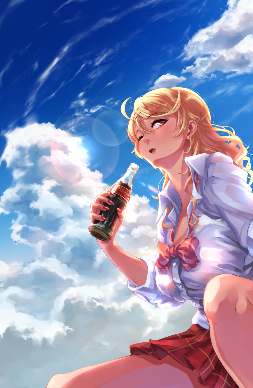 amaryllis blonde_hair blush bow bowtie breasts cleavage cloud coca-cola collarbone commentary day earrings gyaru hair_ornament hairclip highres jewelry large_breasts long_hair loose_bowtie miniskirt one_eye_closed open_clothes open_mouth ouga_saki outdoors skirt sky soda_bottle solo star star_earrings tdnd-96 virtual_youtuber