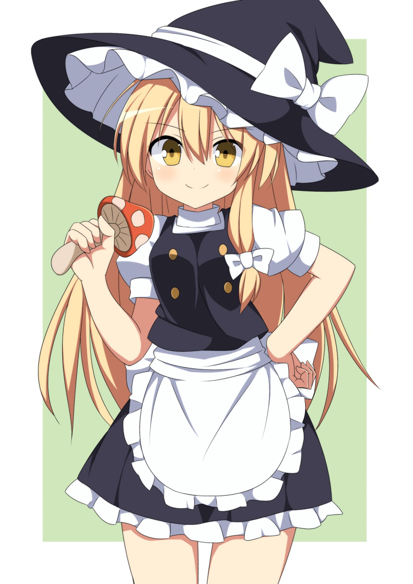 apron black_dress black_hat blonde_hair border bow breasts commentary cowboy_shot dress enushi_(toho193) eyebrows_visible_through_hair food frilled_apron frills green_background hair_between_eyes hand_on_hip hand_up hat hat_bow highres holding holding_food holding_mushroom kirisame_marisa long_hair looking_at_viewer mushroom outside_border petticoat puffy_short_sleeves puffy_sleeves short_sleeves simple_background small_breasts smile solo standing thighs touhou very_long_hair waist_apron white_apron white_border white_bow witch_hat yellow_eyes