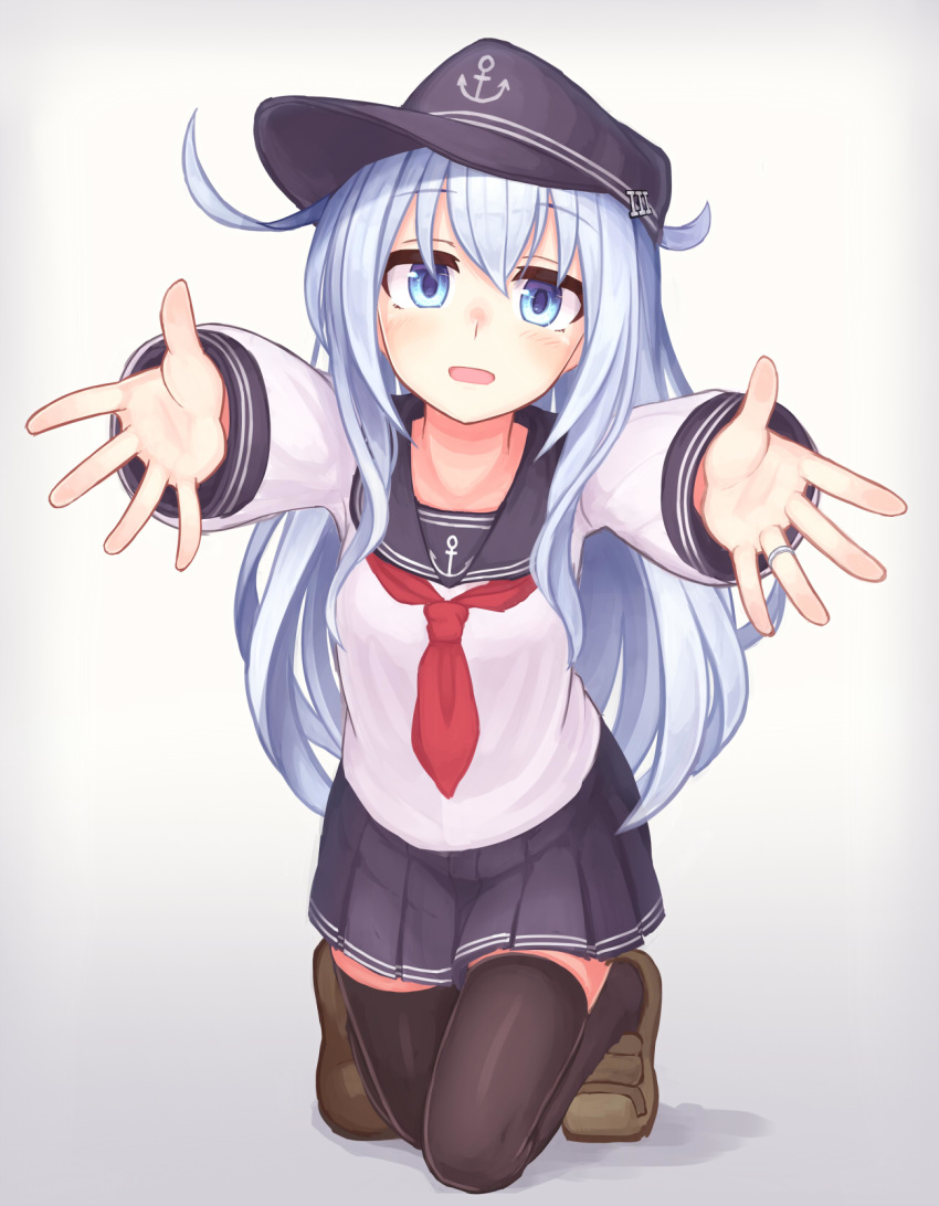 :d black_legwear blue_eyes blue_skirt brown_footwear eyebrows_visible_through_hair flat_cap full_body hat hibiki_(kantai_collection) highres incoming_hug jewelry kantai_collection kneeling loafers long_hair long_sleeves looking_at_viewer neckerchief open_mouth outstretched_arms pleated_skirt red_neckwear reitou_mikan ring school_uniform serafuku shoes silver_hair simple_background skirt smile solo thighhighs white_background