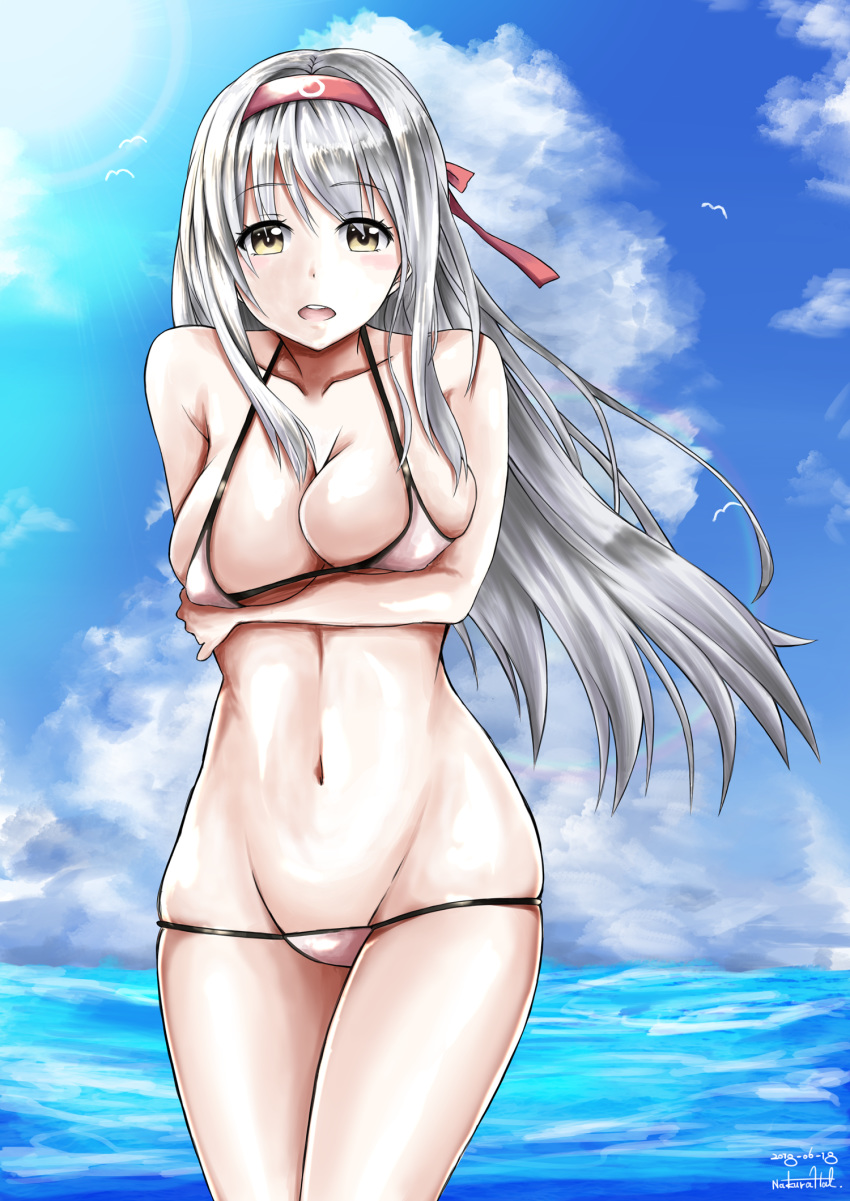 arm_behind_back arm_under_breasts bangs bare_arms bare_shoulders beach bikini bird blue_sky blush breast_hold breast_lift breasts commentary dated day eyebrows_visible_through_hair eyes_visible_through_hair groin hair_ribbon hairband headband highres kantai_collection large_breasts long_hair micro_bikini nakura_haru navel ocean open_mouth outdoors red_hairband ribbon sand shoukaku_(kantai_collection) sidelocks signature skindentation sky smile solo stomach swimsuit thighs white_bikini white_hair