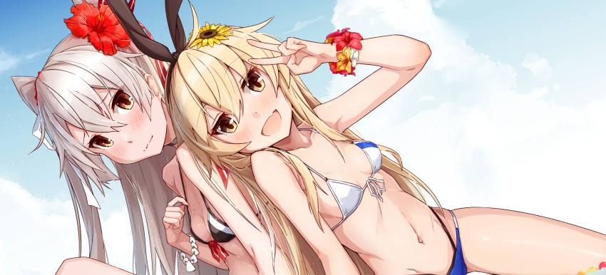 :d absurdres amatsukaze_(kantai_collection) ass_visible_through_thighs bikini blonde_hair blue_sky blush breasts brown_eyes closed_mouth day dutch_angle eyebrows_visible_through_hair fang flower flower_bracelet front-tie_bikini front-tie_top hair_between_eyes hair_flower hair_ornament hibiscus highres kantai_collection layered_bikini looking_at_viewer multiple_girls navel open_mouth outdoors shimakaze_(kantai_collection) silver_hair sky small_breasts smile sweat swimsuit takanashi_kei_(hitsujikan) two_side_up v