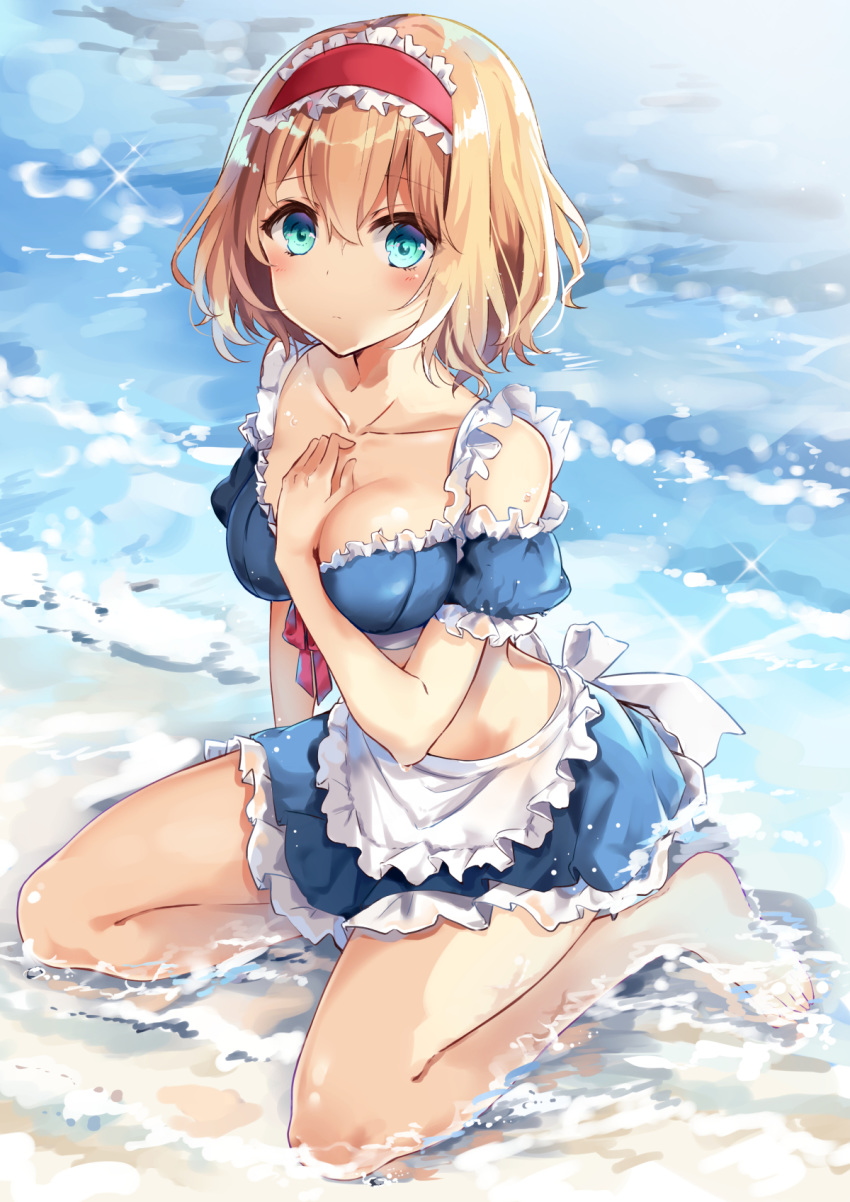 alice_margatroid alternate_costume apron bare_shoulders barefoot blonde_hair blue_eyes blue_skirt blush breasts cleavage collarbone commentary crop_top enmaided eyebrows_visible_through_hair frilled_apron frilled_hairband frills full_body hair_between_eyes hairband hand_on_own_chest highres kisaragi_yuri lolita_hairband looking_at_viewer maid maid_apron medium_breasts midriff miniskirt off-shoulder_shirt off_shoulder petticoat puffy_short_sleeves puffy_sleeves red_hairband red_ribbon ribbon seiza shirt short_hair short_sleeves sitting skirt solo sparkle thighs touhou waist_apron water white_apron