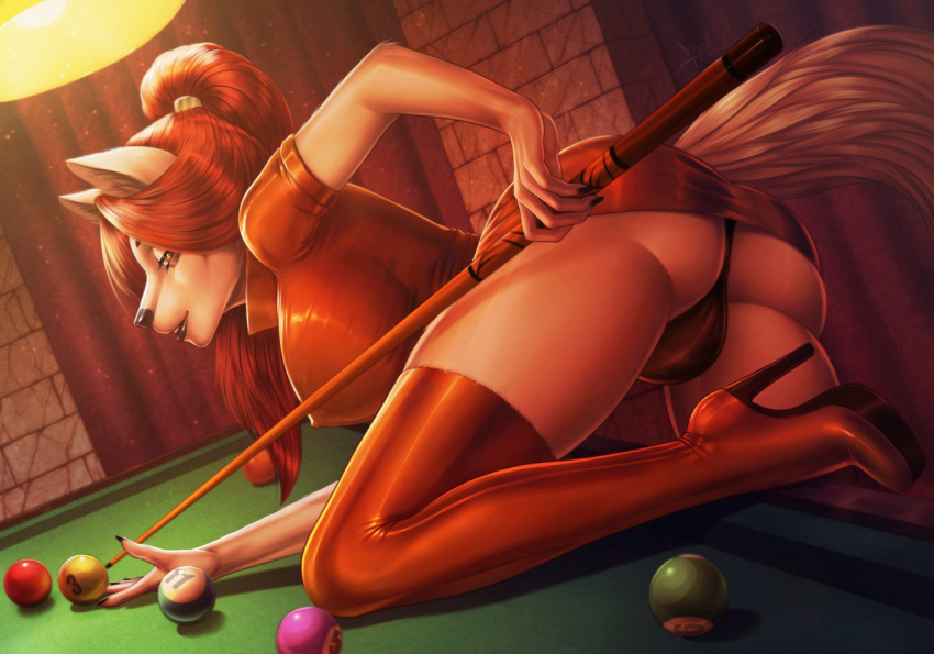 2018 5_fingers amber_eyes anthro banni_art big_breasts billiards black_nose breasts bulge butt canine clothed clothing dickgirl eyebrows eyelashes footwear fully_clothed hair half-closed_eyes high_heels intersex jackal long_hair looking_at_viewer mammal miniskirt nipple_bulge panties pool_cue pool_table red_hair shirt shoes signature skirt smile thigh_boots underwear