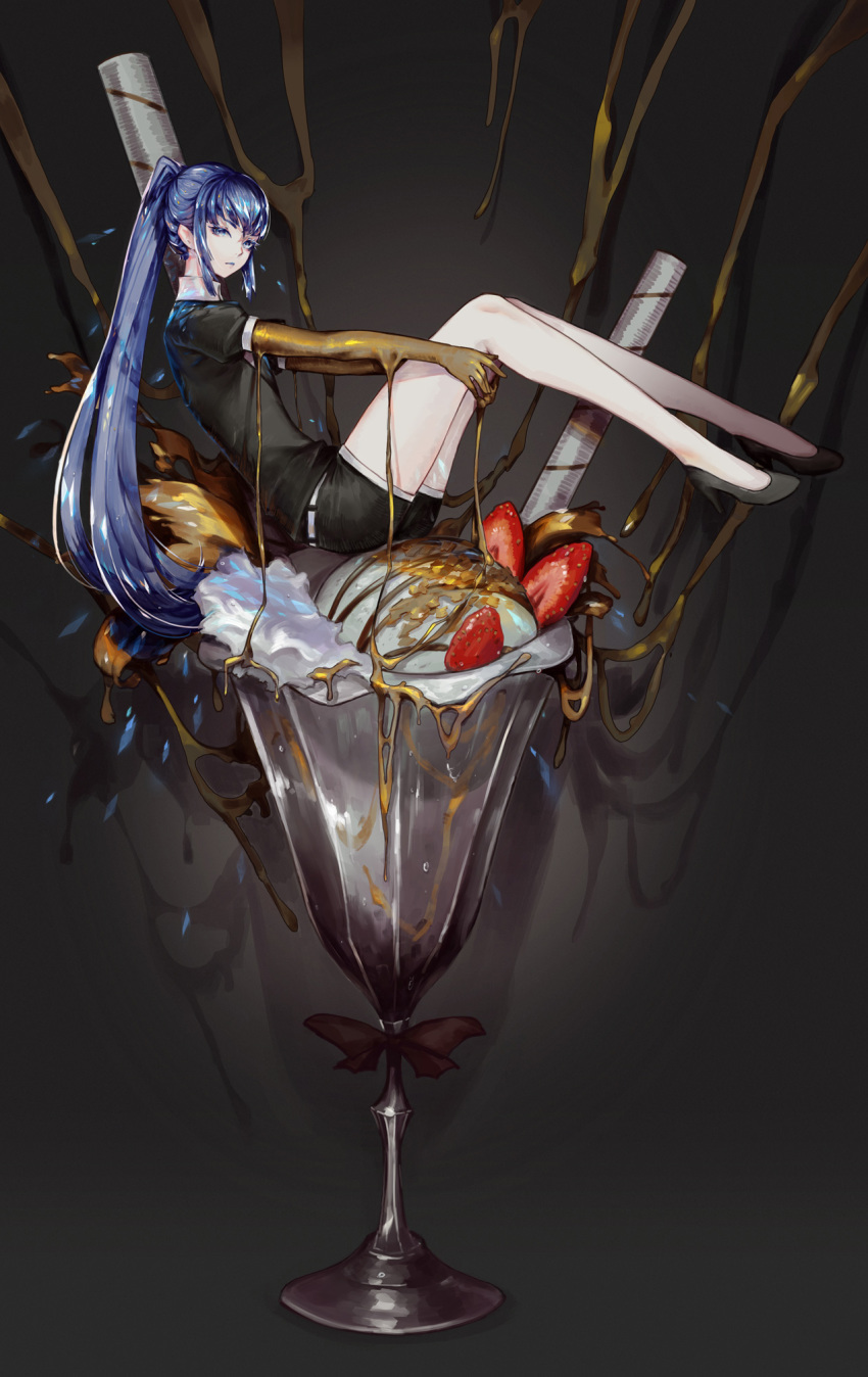 androgynous bare_legs black_footwear black_shirt black_shorts blue_eyes blue_hair commentary dripping english_commentary food from_side grey_background high_heels highres houseki_no_kuni ice_cream in_food long_hair looking_at_viewer looking_to_the_side minigirl phosphophyllite phosphophyllite_(ll) ponytail saimon_ma shirt short_shorts short_sleeves shorts sitting solo spoilers very_long_hair