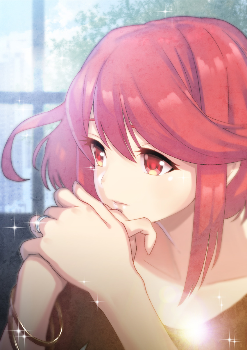 bracelet closed_mouth collarbone eyebrows_visible_through_hair green322 highres homura_(xenoblade_2) jewelry looking_away red_eyes red_hair ring short_hair solo sparkle upper_body window xenoblade_(series) xenoblade_2