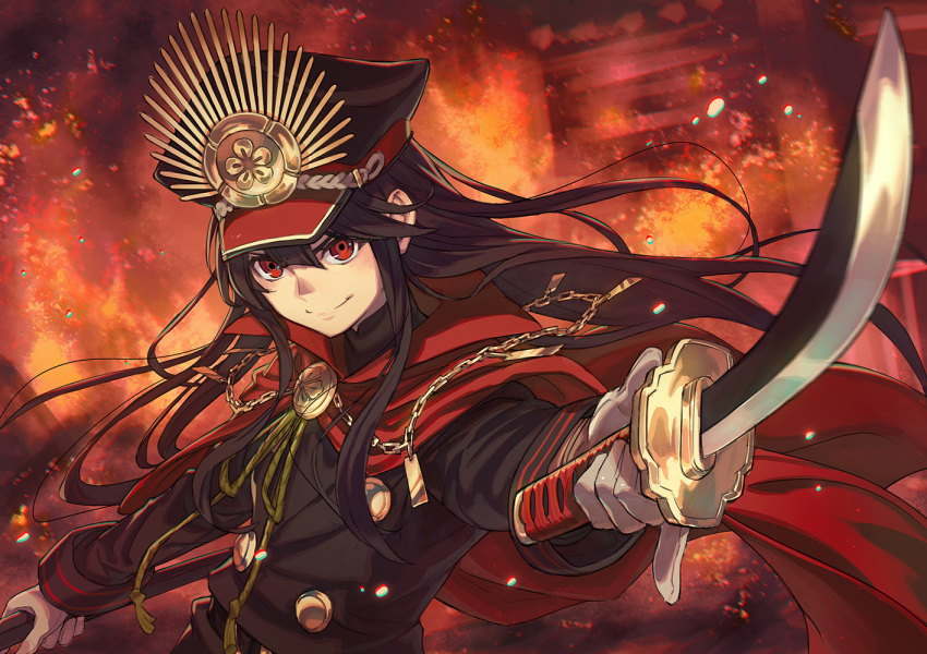 brown_hair cape fate/grand_order fate_(series) fire gloves hat katana kusano_shinta long_hair military nobunaga_oda_(fate) red_eyes sword weapon