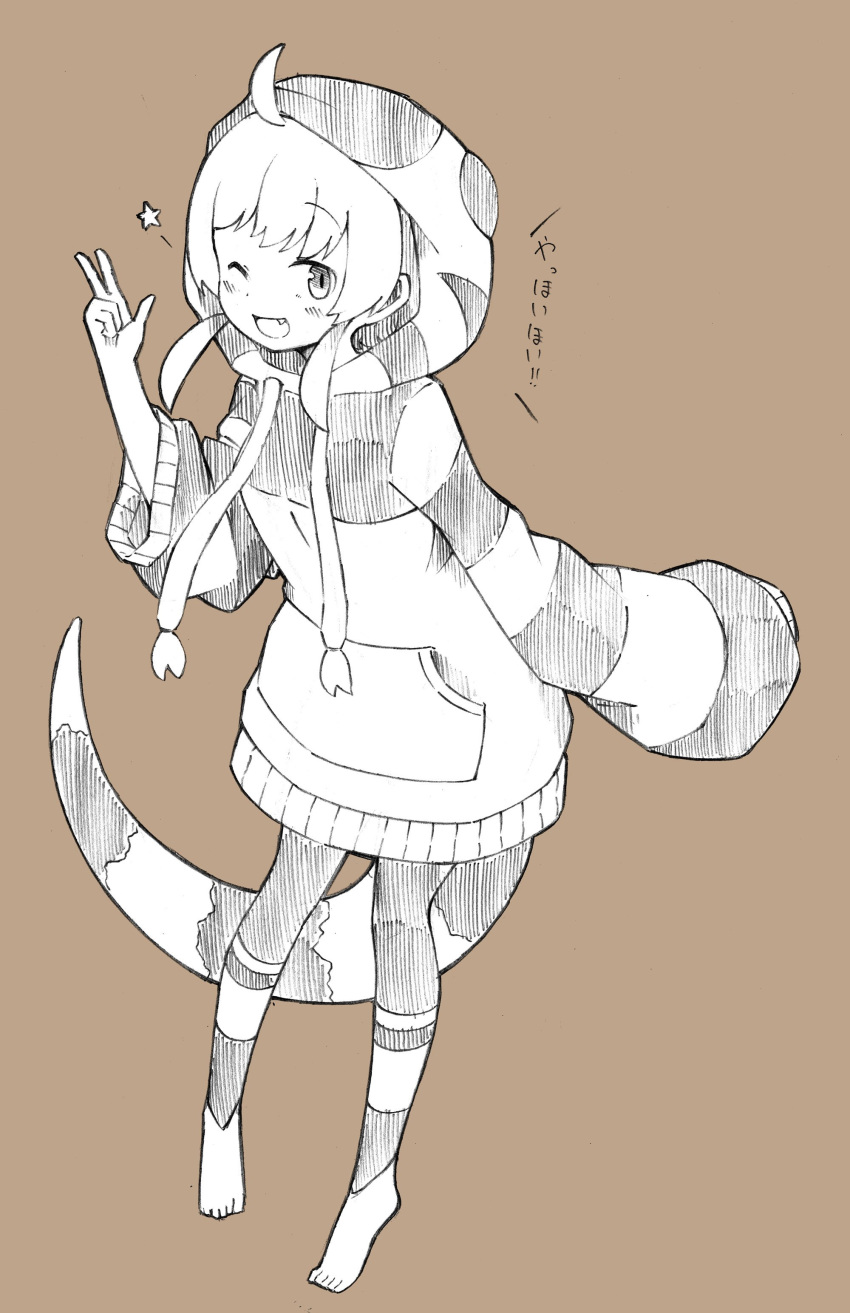 absurdres barefoot commentary_request enk_0822 fang greyscale highres hood hoodie kemono_friends leggings lizard_tail long_sleeves monochrome one_eye_closed original short_hair sidelocks solo star striped tail translation_request western_blue-tongued_skink_(kemono_friends)_(enk_0882)