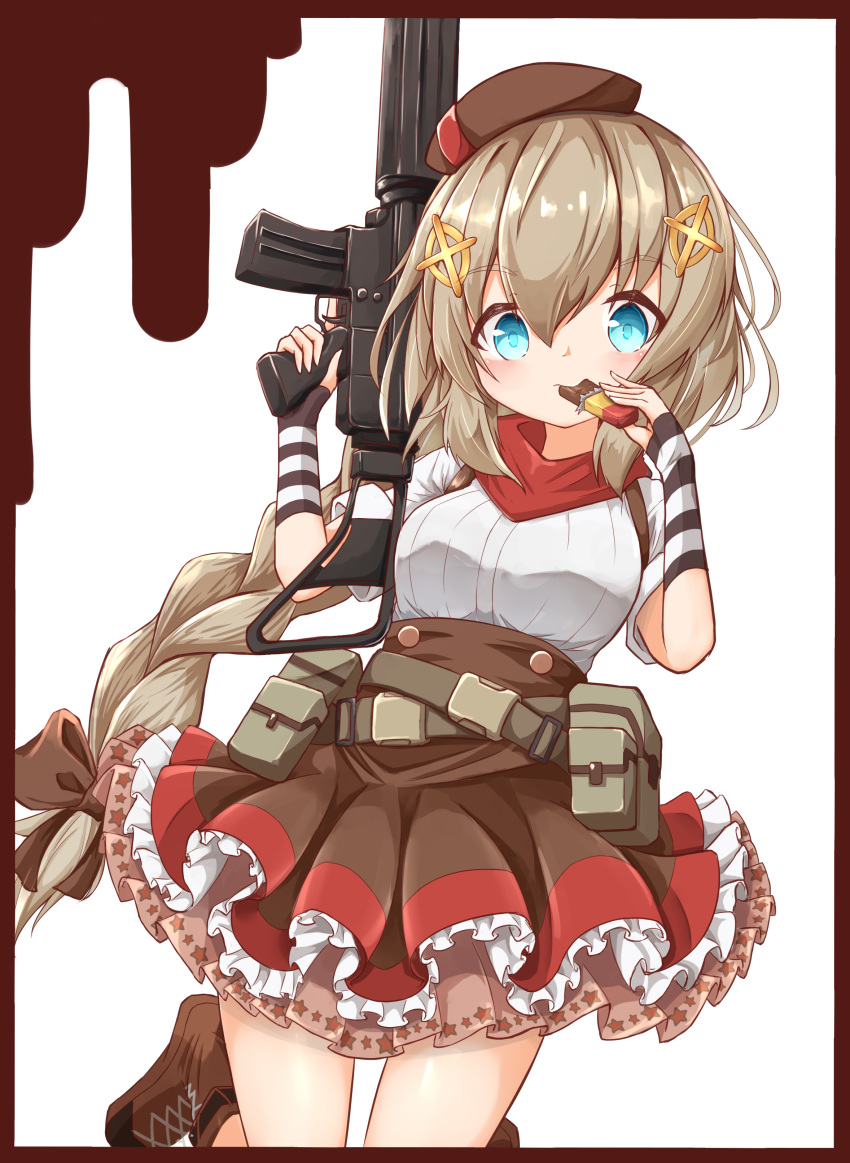 absurdres arm_warmers assault_rifle belt belt_pouch beret blue_eyes boots braid breasts brown_hair chocolate chocolate_bar commentary eating fn_fnc fn_fnc_(girls_frontline) frilled_skirt frills girls_frontline gun hair_ornament hair_ribbon hairclip hat highres long_hair matsuo_(matuonoie) namesake pouch ribbon rifle skirt solo trigger_discipline weapon