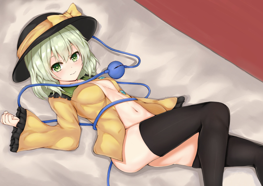 ass black_hat black_legwear blush breasts cleavage clenched_hand collared_shirt commentary_request convenient_leg green_eyes green_hair hair_between_eyes hat hat_ribbon heart heart-shaped_pupils highres knee_up komeiji_koishi long_sleeves looking_at_viewer medium_hair navel no_bra one-piece_swimsuit open_clothes open_shirt ribbon ribbon-trimmed_sleeves ribbon_trim shirt small_breasts smile solo stomach swimsuit symbol-shaped_pupils thighhighs thighs third_eye touhou wide_sleeves yellow_ribbon yellow_shirt ys_kosato
