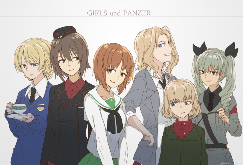 anchovy anzio_military_uniform bangs belt black_belt black_hat black_jacket black_neckwear black_ribbon black_shirt blazer blonde_hair blouse blue_eyes blue_sweater braid brown_eyes brown_hair closed_mouth collared_blouse copyright_name cup darjeeling dress_shirt drill_hair emblem frown garrison_cap girls_und_panzer green_hair green_jacket green_skirt grey_background grey_jacket grin hair_intakes hair_ribbon hand_in_pocket hat holding holding_cup holding_saucer jacket katyusha kay_(girls_und_panzer) kuromorimine_military_uniform light_smile long_hair long_sleeves looking_at_another looking_at_viewer looking_away looking_to_the_side military military_hat military_uniform multiple_girls neckerchief necktie nishizumi_maho nishizumi_miho ooarai_school_uniform open_clothes open_jacket parted_lips pleated_skirt pravda_school_uniform red_eyes red_shirt ribbon riding_crop sam_browne_belt saucer saunders_school_uniform school_uniform serafuku shirt short_hair siblings sisters skirt sleeves_rolled_up smile st._gloriana's_(emblem) st._gloriana's_school_uniform standing sweater teacup tied_hair toshio trait_connection turtleneck twin_braids twin_drills twintails uniform upper_body v-neck v_arms white_blouse white_shirt wing_collar