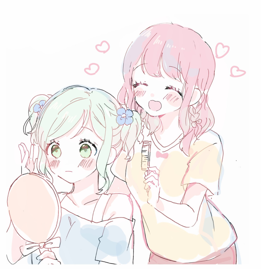 ^_^ alternate_hairstyle aqua_hair bang_dream! bangs blue_flower blue_shirt blush bra_strap closed_eyes collarbone comb eyebrows_visible_through_hair flower green_eyes hair_flower hair_ornament hairdressing hairstyle_switch hana_kon_(17aaammm) hand_mirror hand_up heart highres hikawa_hina holding_comb holding_mirror light_frown maruyama_aya medium_hair mirror multiple_girls off-shoulder_shirt open_mouth pale_color pink_hair shirt short_sleeves side_braids sidelocks sketch smile twintails white_background yellow_shirt