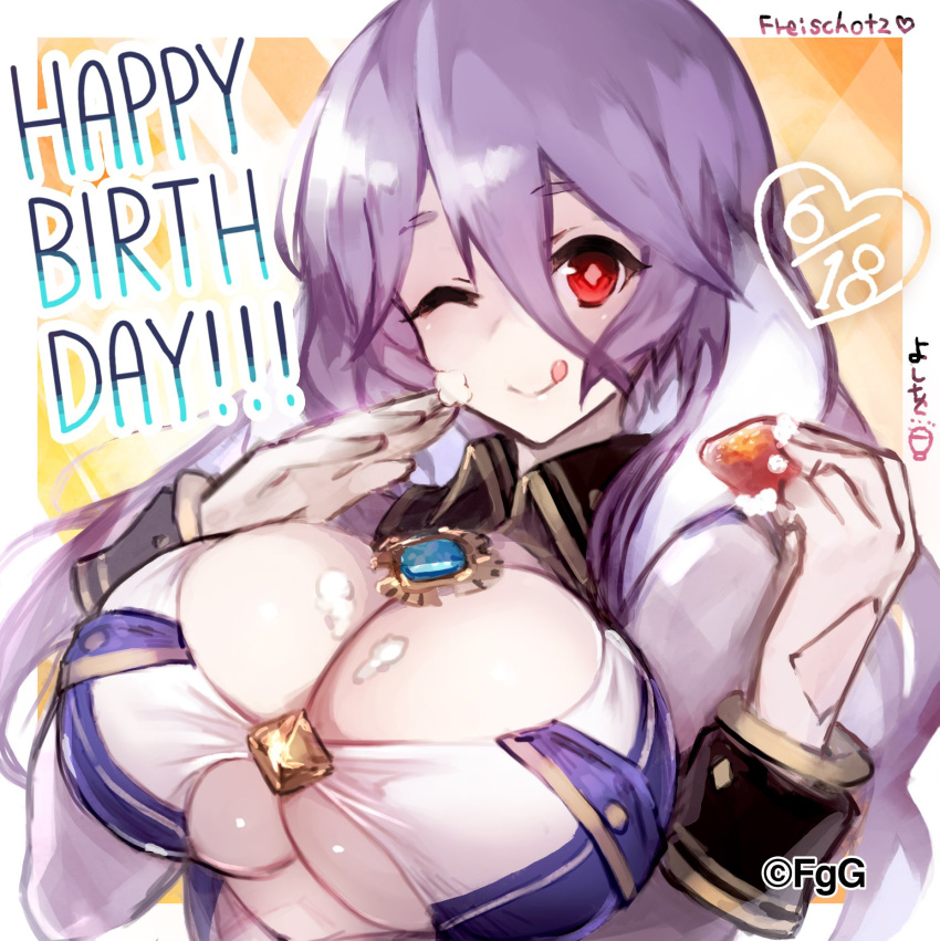 ancient_killers_(phantom_of_the_kill) breasts character_name cleavage cleavage_cutout collar company_name dated eyebrows_visible_through_hair food freischutz_(phantom_of_the_kill) fruit gloves happy_birthday heart highres huge_breasts icing looking_at_viewer official_art one_eye_closed phantom_of_the_kill purple_hair red_eyes sleeve_cuffs smile strawberry underboob_cutout