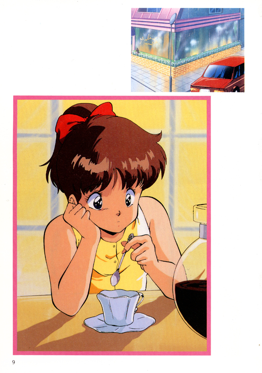 80s absurdres arm_support black_eyes brown_hair coffee coffee_mug counter cream_lemon cup hair_ribbon hand_on_own_cheek high_ponytail highres holding holding_spoon long_hair mug official_art oldschool page_number restaurant ribbon scan sleeveless solo spoon teacup