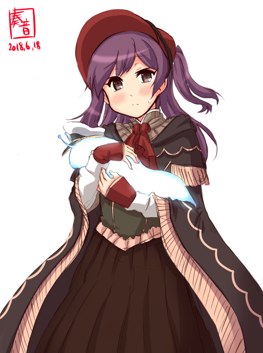 ahoge artist_logo bangs black_skirt bloodborne bonnet cloak commentary_request cosplay dated hagikaze_(kantai_collection) hat hayami_saori highres kanon_(kurogane_knights) kantai_collection long_hair long_skirt looking_at_viewer one_side_up plain_doll plain_doll_(cosplay) purple_eyes purple_hair seiyuu_connection simple_background skirt snail solo swept_bangs white_background
