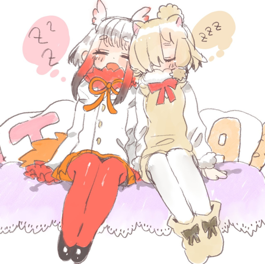 alpaca_ears alpaca_suri_(kemono_friends) animal_ears bird_tail bird_wings black_hair blush closed_eyes frilled_sleeves frills fur_collar fur_trim gradient_hair hair_bun hair_over_one_eye hair_tie head_wings highres ichi001 japanese_crested_ibis_(kemono_friends) kemono_friends leaning_on_person leaning_to_the_side long_sleeves multicolored_hair multiple_girls neck_ribbon open_mouth pantyhose pillow pleated_skirt red_hair ribbon short_hair shorts side-by-side sidelocks sitting skirt sleeping sleeping_on_person sleeping_upright vest white_hair wings zzz