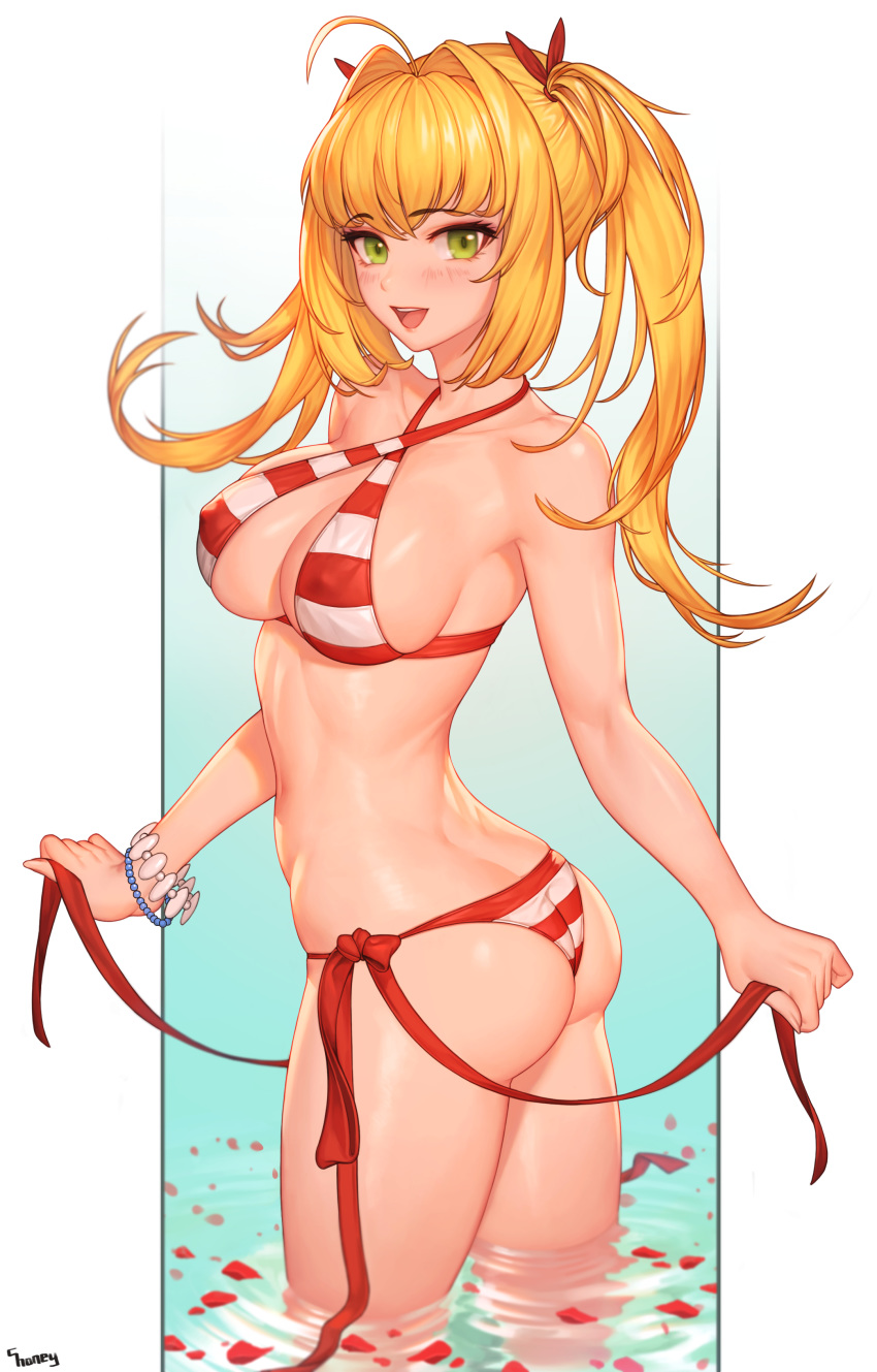 :d absurdres ahoge artist_name ass bangs bikini blonde_hair blush bracelet breasts choney cleavage commentary contrapposto covered_nipples cowboy_shot criss-cross_halter eyebrows_visible_through_hair fate/grand_order fate_(series) from_side gradient gradient_background green_eyes hair_intakes halterneck highres jewelry long_hair looking_at_viewer medium_breasts navel nero_claudius_(fate)_(all) nero_claudius_(swimsuit_caster)_(fate) open_mouth outside_border petals shiny shiny_skin side-tie_bikini sidelocks simple_background smile standing striped striped_bikini swimsuit thighs twintails twisted_torso wading