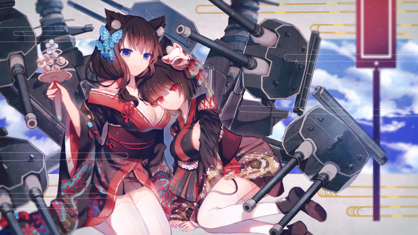 azur_lane bangs black_hair black_kimono blue_eyes blunt_bangs blush breasts butterfly_hair_ornament cat_ears cat_mask commentary_request eyebrows_visible_through_hair full_body fusou_(azur_lane) hair_ornament highres japanese_clothes kimono large_breasts long_hair long_sleeves looking_at_viewer mask mask_on_head multiple_girls red_eyes short_hair smile thighhighs white_legwear wide_sleeves yamashiro_(azur_lane) yasato