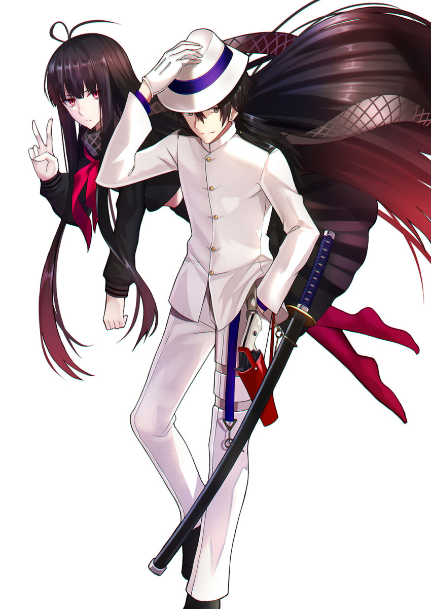 1girl absurdly_long_hair ahoge arm_up bangs black_footwear black_hair black_scarf black_shirt black_skirt buttons closed_mouth expressionless eyebrows_visible_through_hair fate_(series) flying gloves gradient_hair grey_eyes gun hair_between_eyes hand_in_pocket hand_on_headwear hat highres holster jacket katana koha-ace leg_up long_hair long_sleeves looking_at_viewer looking_to_the_side low_ponytail multicolored_hair neckerchief no_shoes oryou_(fate) pale_skin pants pink_eyes pleated_skirt ponytail red_hair red_legwear red_neckwear sakamoto_ryouma_(fate) scabbard scarf sheath sheathed shiguru shiny shiny_hair shirt sidelocks simple_background skirt slit_pupils smile standing straight_hair sword thigh_holster tsurime v very_long_hair weapon white_background white_gloves white_hat white_jacket white_pants