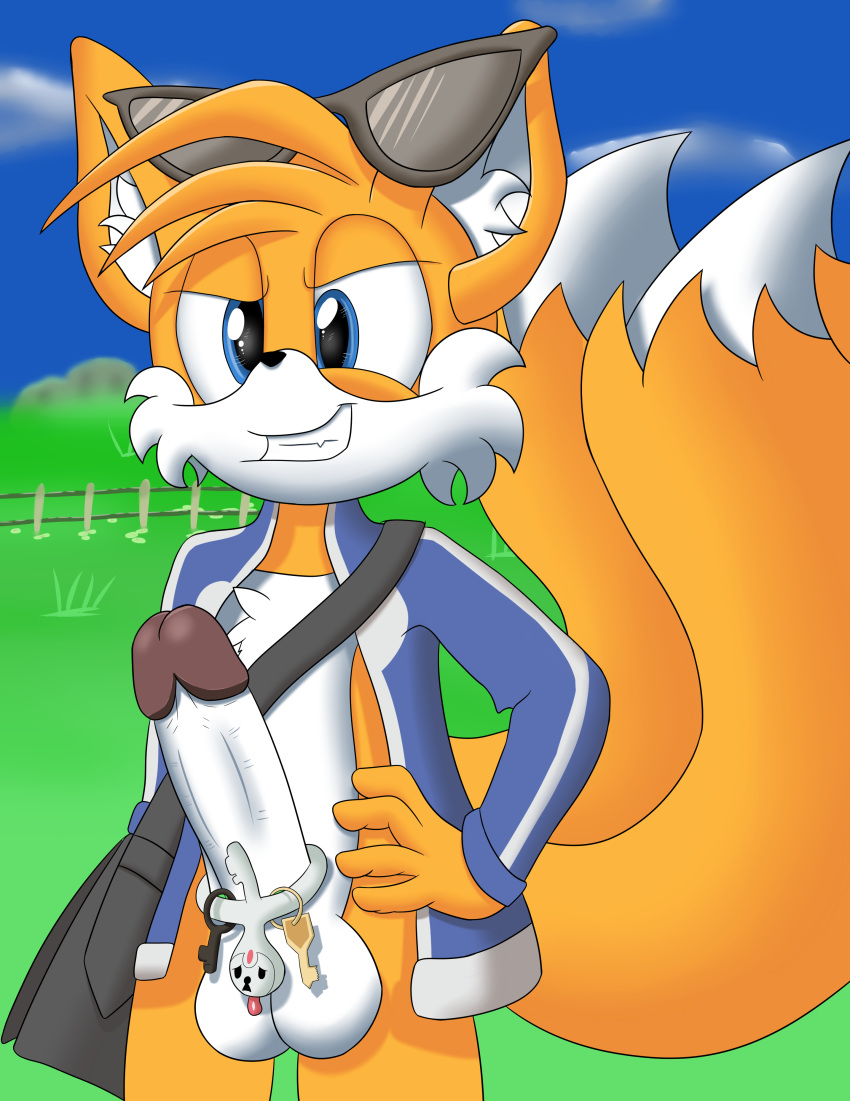 anthro blue_eyes canine erection eyewear fox foxkai fur grin klefki male mammal miles_prower nintendo penis pok&eacute;mon pok&eacute;mon_(species) smile sonic_(series) sunglasses video_games yellow_fur