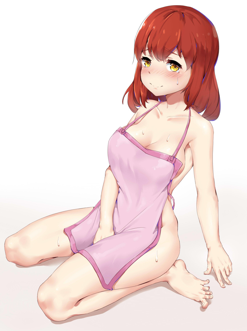 absurdres apron arm_support barefoot breasts cleavage collarbone covering covering_crotch crying embarrassed feet highres looking_at_viewer medium_breasts naked_apron original pink_apron red_hair seiza sideboob simple_background sitting smile solo spread_toes sweat tears tree_rice yellow_eyes