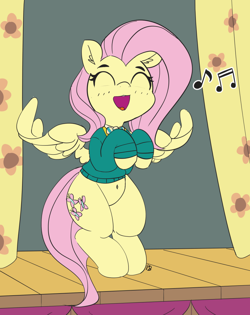 2018 absurd_res blush bottomless bow_tie clothed clothing color_edit colored curtains cute cutie_mark edit equine eyebrows eyelashes eyes_closed feathered_wings feathers female feral fluttershy_(mlp) friendship_is_magic full-length_portrait hair happy hi_res hooves mammal music musical_note my_little_pony navel open_mouth open_smile pabbley pegasus pink_hair portrait singing smile solo stage standing sweater teeth tongue wings yellow_feathers