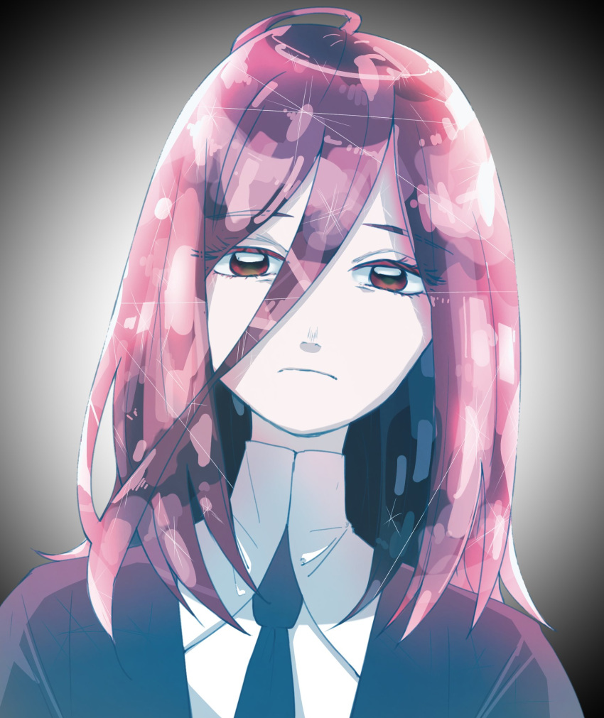 ahoge androgynous colored_eyelashes commentary_request dicnors gem_uniform_(houseki_no_kuni) hair_between_eyes highres houseki_no_kuni long_bangs looking_at_viewer necktie red_eyes red_hair sad shinsha_(houseki_no_kuni) short_hair solo upper_body