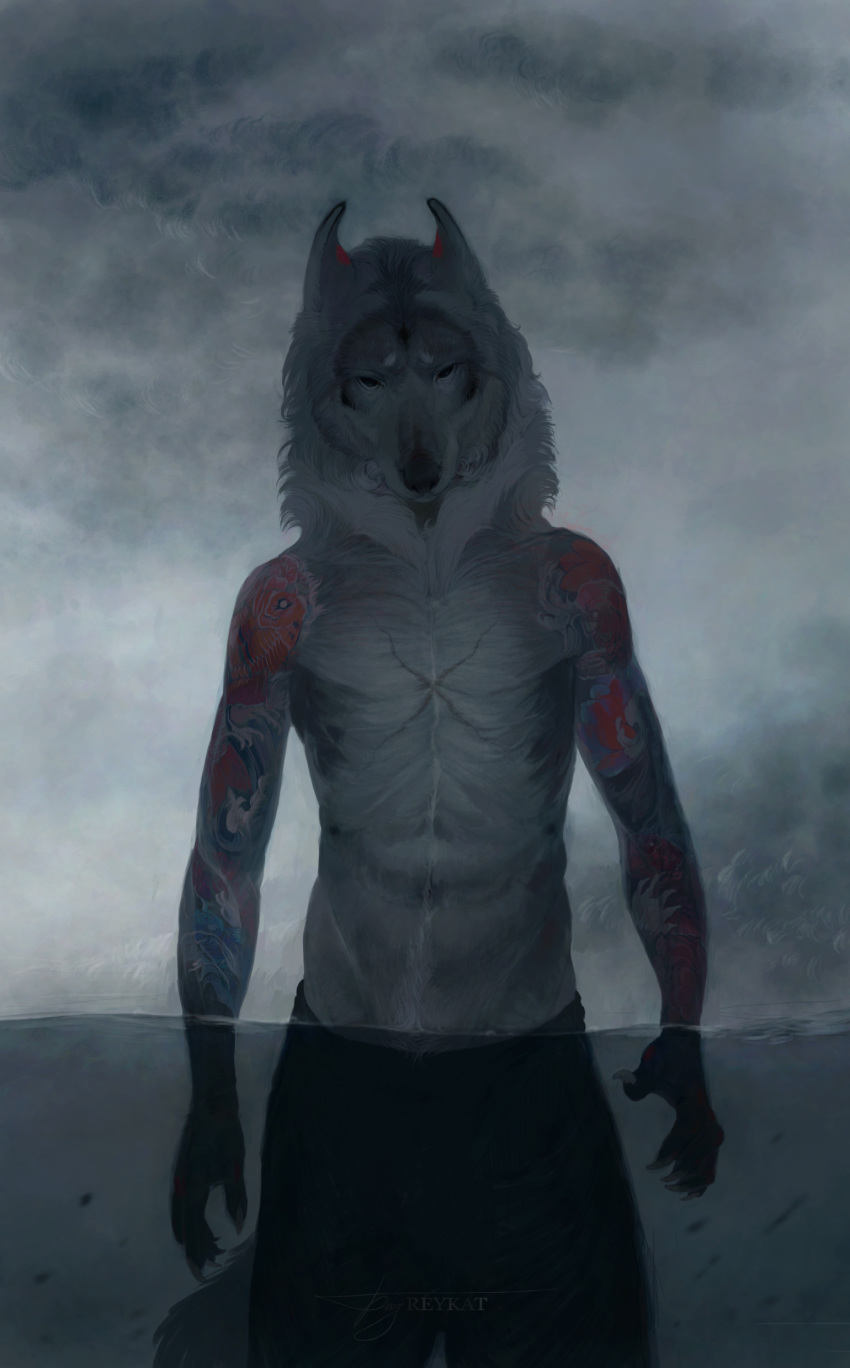 anthro black_eyes canine clothed clothing fur hair hi_res looking_at_viewer male mammal reykat solo standing tattoo topless