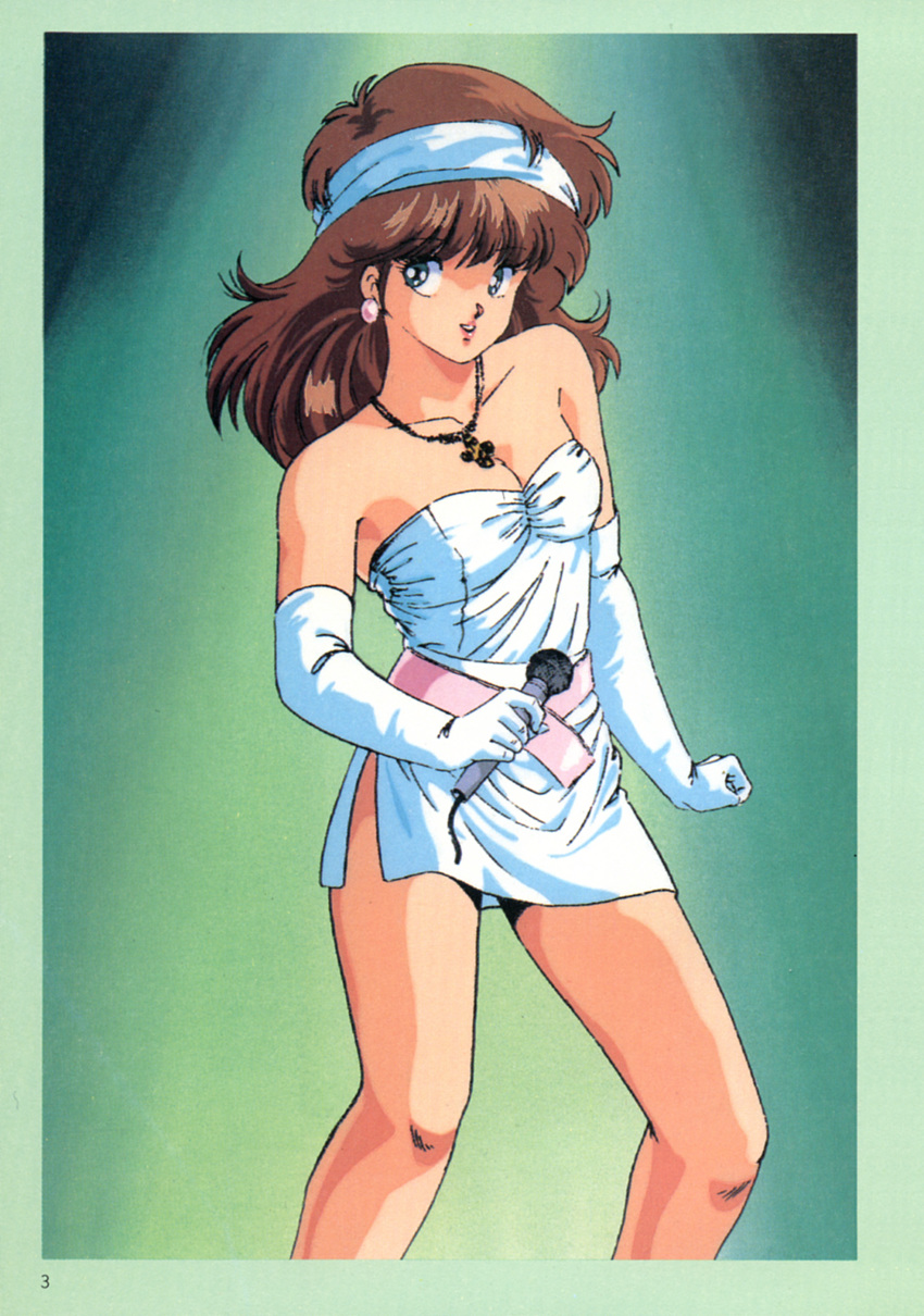 80s absurdres blue_eyes border breasts brown_hair cleavage cream_lemon cross cross_necklace dress earrings elbow_gloves gloves green_background hairband highres holding holding_microphone jewelry long_hair medium_breasts microphone necklace official_art oldschool page_number parted_lips side_slit smile solo strapless strapless_dress white_dress white_gloves