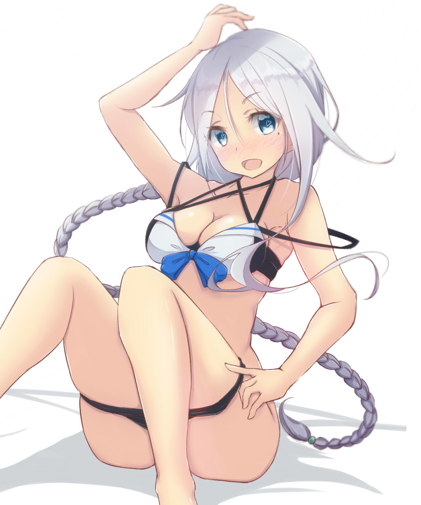 adapted_costume ass bikini black_bikini blue_eyes blush braid breasts brown_hair cleavage heart heart-shaped_pupils highres kantai_collection long_hair looking_at_viewer medium_breasts mole mole_under_eye neve open_mouth silver_hair single_braid sitting smile solo swimsuit symbol-shaped_pupils umikaze_(kantai_collection) very_long_hair