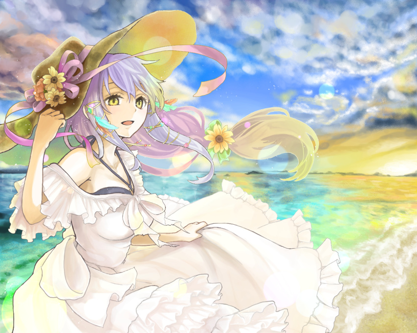 bangs breasts clair_lasbard commentary_request dress fuyuto_(ihara_128) hat long_hair ocean sidelocks silver_hair solo star_ocean star_ocean_till_the_end_of_time white_dress