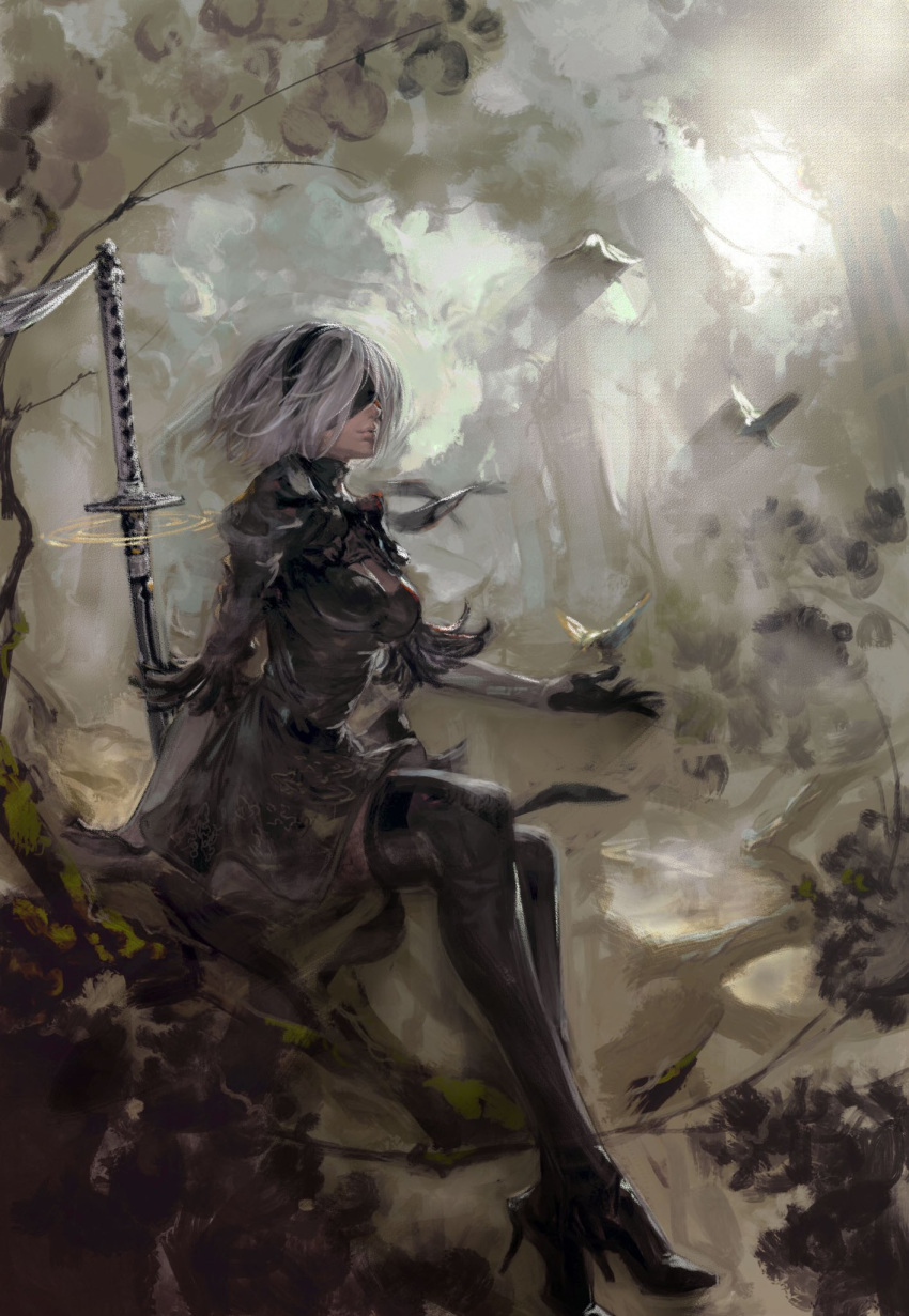 bird black_blindfold black_dress black_hairband blindfold boots breasts cleavage_cutout commentary covered_eyes dress feather-trimmed_sleeves gloves hairband high_heel_boots high_heels highres juliet_sleeves katana kazama_raita long_sleeves medium_breasts nier_(series) nier_automata pink_lips puffy_sleeves silver_hair sitting sword sword_behind_back thigh_boots thighhighs thighhighs_under_boots vambraces weapon yorha_no._2_type_b
