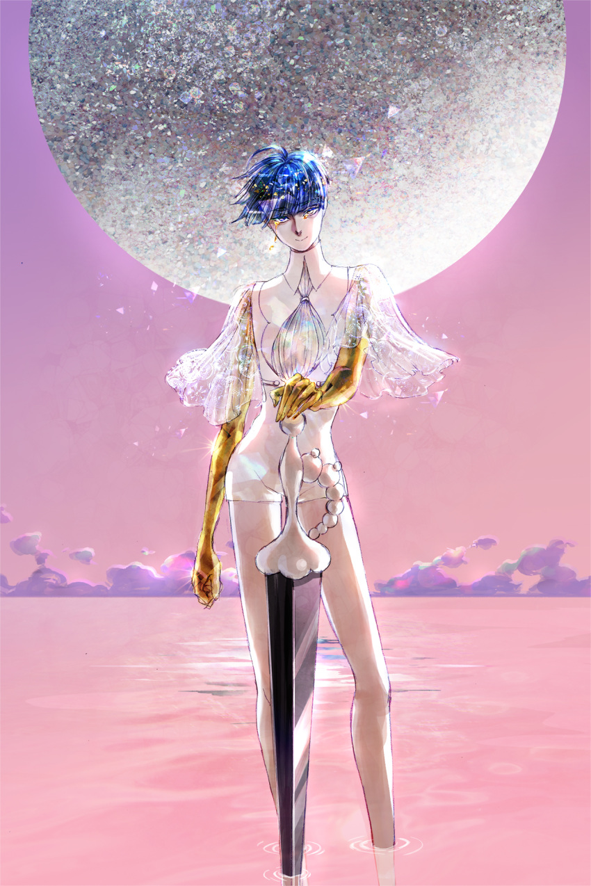 ahoge androgynous bangs blue_eyes blue_hair blunt_bangs cloud colored_eyelashes crying crying_with_eyes_open eyebrows_visible_through_hair full_moon golden_arms graphite_(medium) heterochromia highres houseki_no_kuni micho moon necktie phosphophyllite phosphophyllite_(ll) pink_sky see-through short_hair smile solo sparkle spoilers sword tears traditional_media wading water weapon white_eyes