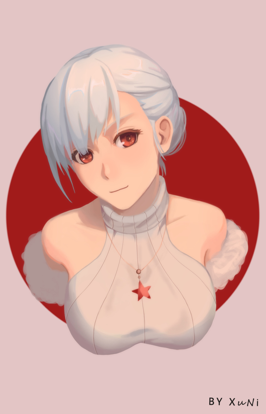 breasts commentary_request girls_frontline head_tilt highres looking_at_viewer red_eyes red_star rmb-93_(girls_frontline) short_hair sleeveless smile sweater upper_body white_hair white_sweater xu_ni