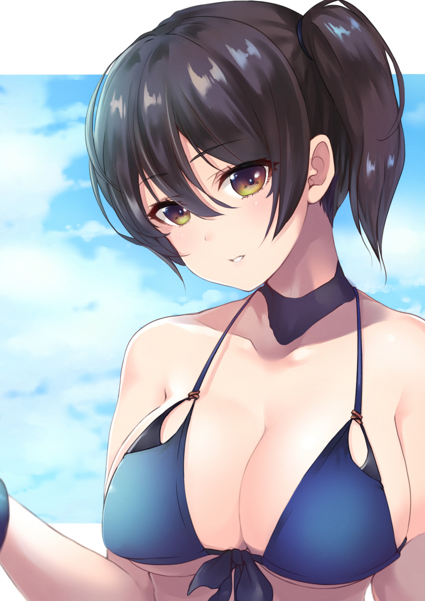 absurdres alternate_costume bangs bikini black_hair blue_bikini blue_choker blue_sky blush breasts brown_eyes choker cleavage cloud collarbone commentary commentary_request dyson_(edaokunnsaikouya) eyebrows_visible_through_hair front-tie_bikini front-tie_top hair_between_eyes head_tilt highres kaga_(kantai_collection) kantai_collection large_breasts long_hair parted_lips partial_commentary side_ponytail sidelocks sky smile solo swimsuit upper_body wristband