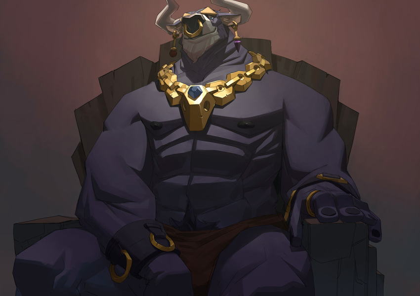 abs anthro armor blue_eyes bovine bracers cattle chair clothing ear_piercing facial_piercing horn jewelry loincloth looking_down male mammal muscular necklace nesskain nose_piercing nose_ring piercing ring sitting smile solo