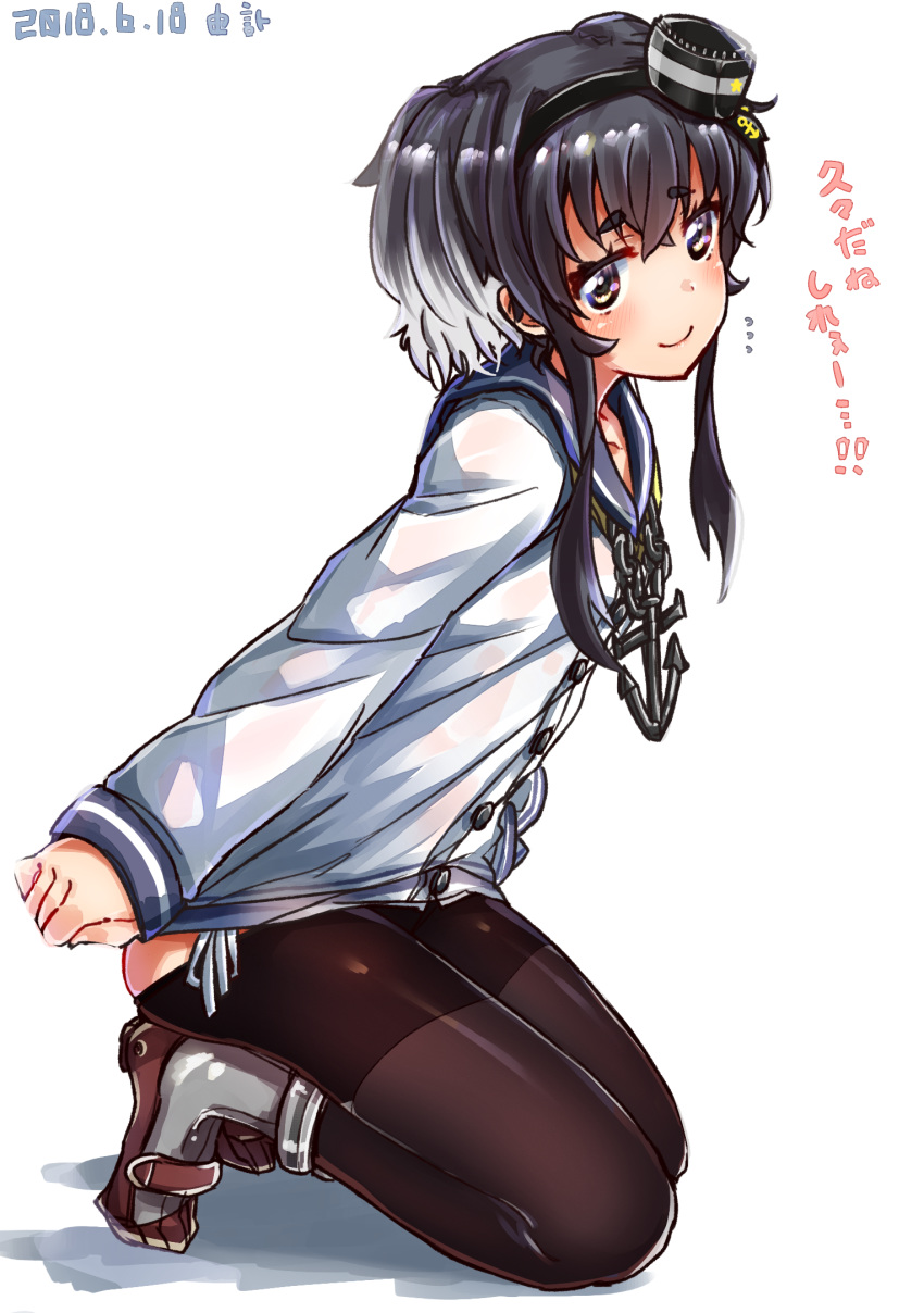 anchor black_hair black_legwear blue_sailor_collar blush brown_eyes commentary dated flat_chest graphite_(medium) grey_hair hairband hat headgear high_heels highres kantai_collection kneeling looking_at_viewer looking_to_the_side lowleg_pantyhose neckerchief panties pantyhose red_footwear rudder_shoes sailor_collar seamed_legwear shirt short_hair short_hair_with_long_locks side-seamed_legwear side-tie_panties sidelocks solo thick_eyebrows tied_shirt tokitsukaze_(kantai_collection) traditional_media translated two_side_up underwear yufuissei0702