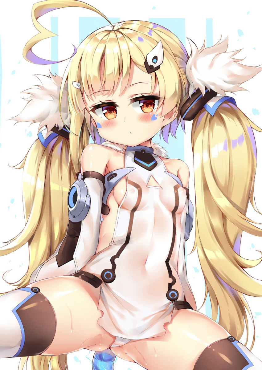:/ ahoge arms_at_sides arms_behind_back ass_visible_through_thighs asymmetrical_bangs azur_lane bangs bare_shoulders blonde_hair blush breasts cameltoe closed_mouth commentary_request covered_collarbone covered_navel covered_nipples detached_sleeves dombear dress eldridge_(azur_lane) expressionless eyebrows_visible_through_hair facial_mark fur_trim hair_ornament hairclip half-closed_eyes head_tilt heart heart_ahoge highres long_hair long_sleeves looking_at_viewer microdress orange_eyes panties parted_bangs puffy_detached_sleeves puffy_long_sleeves puffy_sleeves revision shiny shiny_hair shiny_skin short_dress sideboob small_breasts solo spread_legs sweat tail thighhighs thighs two-tone_background underwear upskirt very_long_hair white_background white_dress white_legwear white_panties