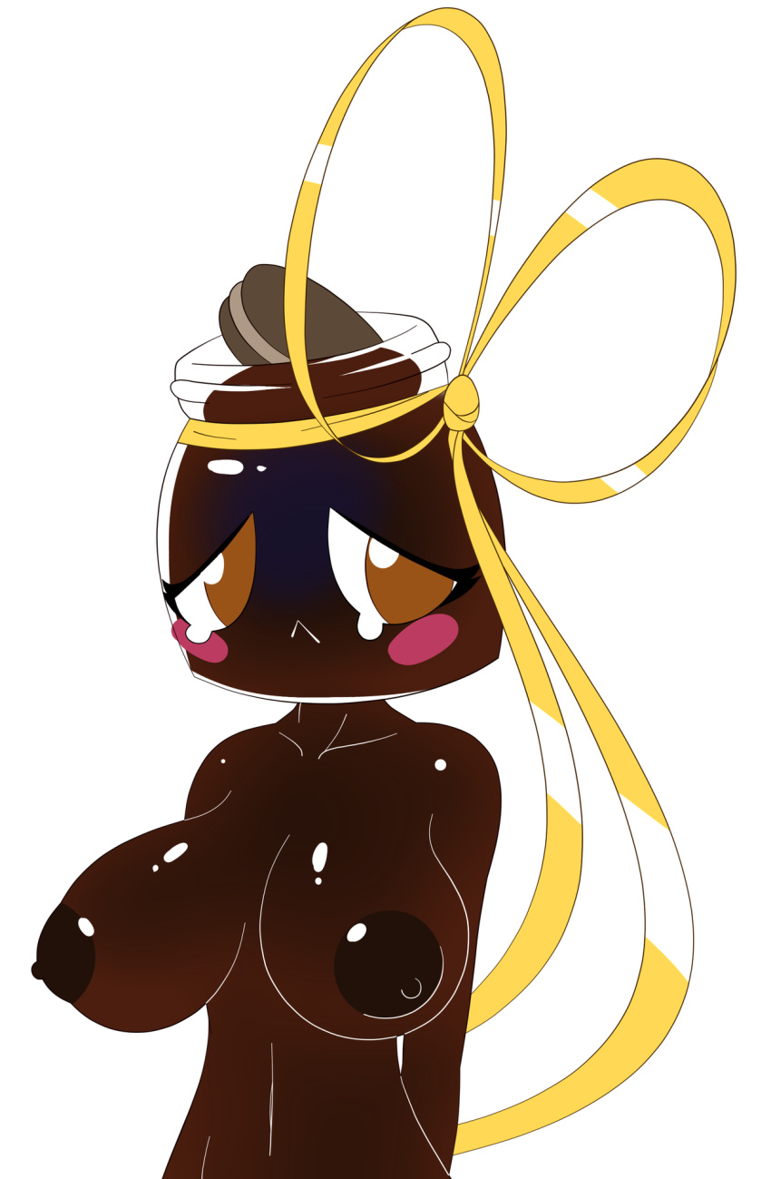 2018 areola big_breasts blush_sticker breasts brown_eyes brown_skin cookie female food food_creature hair_bow hair_ribbon hi_res humanoid jar looking_at_viewer marmalade_(elpatrixf) navel nipples not_furry ribbons sad shmeepo tears