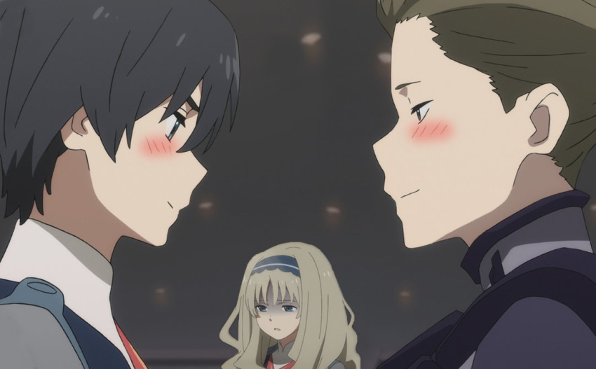1girl 2boys black_hair blue_eyes blue_hairband blush brown_hair darling_in_the_franxx female hair_ornament hairband hiro_(darling_in_the_franxx) kokoro_(darling_in_the_franxx) light_brown_hair long_sleeves looking_at_another male male_focus military military_uniform mitsuru_(darling_in_the_franxx) multiple_boys necktie pilot_suit red_neckwear short_hair uniform
