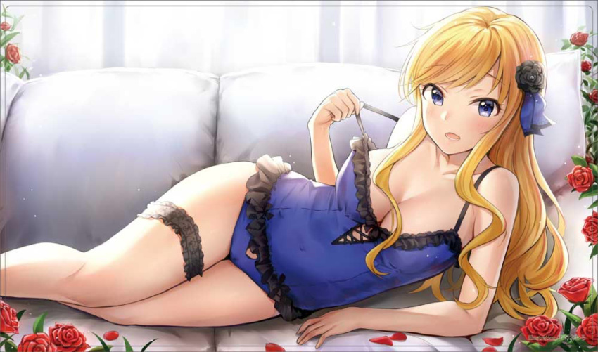 1girl arm_support bangs bare_arms bare_legs bare_shoulders bent_knees black_rose blonde_hair blue_eyes blush bra_strap breasts clavicle cleavage couch covered_navel curtains eyebrows_visible_through_hair female female_only flower frills hair_flower hair_ornament hair_ribbon high_resolution idolmaster idolmaster_cinderella_girls inside large_breasts leg_garter legs legs_together lingerie long_hair looking_at_viewer lying medium_breasts navel nose on_side ootsuki_yui open_mouth petals red_rose ribbon rose rose_petals sidelocks smile solo strap_pull strap_slip swept_bangs takeashiro teeth thighs underwear underwear_only very_long_hair