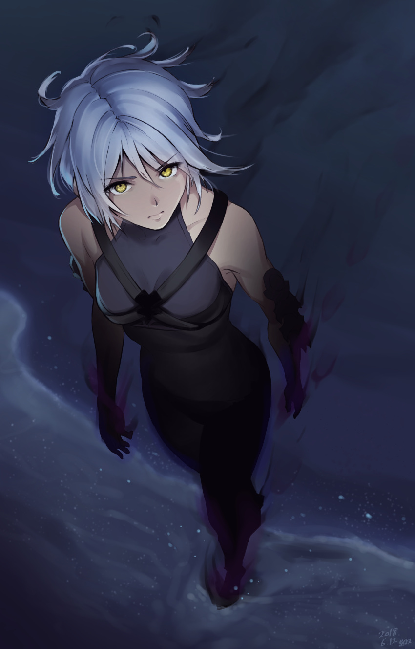 absurdres aqua_(kingdom_hearts) aura beach commentary_request dark_aura eyebrows_visible_through_hair eyes_visible_through_hair from_above gogo_(detteiu_de) highres kingdom_hearts kingdom_hearts_iii looking_at_viewer serious short_hair silver_hair sleeveless solo spoilers water yellow_eyes