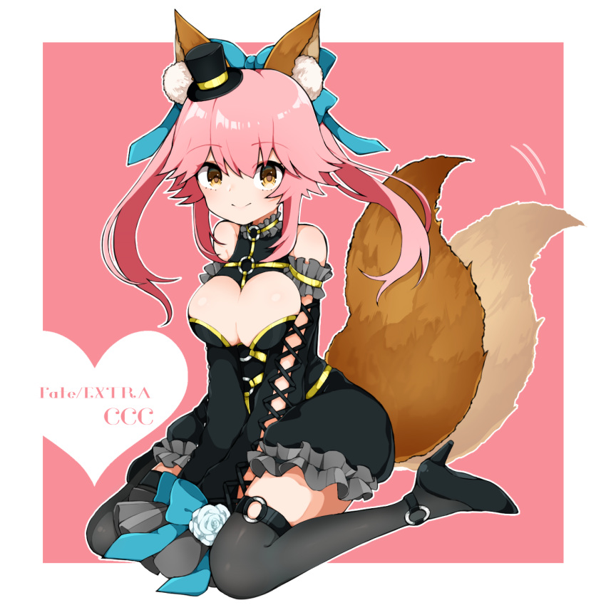 animal_ear_fluff animal_ears bangs bare_shoulders black_footwear black_legwear blue_bow bow breasts cleavage cleavage_cutout copyright_name detached_sleeves eyebrows_visible_through_hair fate/extra fate/extra_ccc fate_(series) flower fox_ears fox_tail full_body hair_bow happy hat heart high_heels highres large_breasts long_hair long_sleeves looking_at_viewer mini_hat mini_top_hat o-ring pink_hair rose shoes sitting sleeves_past_fingers sleeves_past_wrists smile solo tail tail_wagging takae_(poupee_en_biscuit) tamamo_(fate)_(all) tamamo_no_mae_(fate) thighhighs tilted_headwear top_hat wariza white_flower white_rose yellow_eyes
