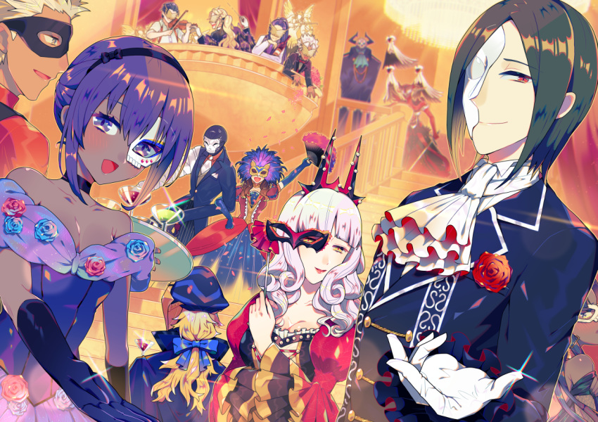 6+boys alternate_costume amakusa_shirou_(fate) antonio_salieri_(fate/grand_order) archer assassin_(fate/stay_night) assassin_(fate/zero) avicebron_(fate) balcony bandaged_arm bandages blush carmilla_(fate/grand_order) commentary domino_mask fan fate/grand_order fate_(series) female_assassin_(fate/zero) folding_fan ggk-kgr gloves half_mask hassan_of_serenity_(fate) holding holding_fan instrument king_hassan_(fate/grand_order) leonardo_da_vinci_(fate/grand_order) long_sleeves looking_at_viewer mask multiple_boys multiple_girls music phantom_of_the_opera_(fate/grand_order) playing_instrument stairs true_assassin white_gloves wolfgang_amadeus_mozart_(fate/grand_order)