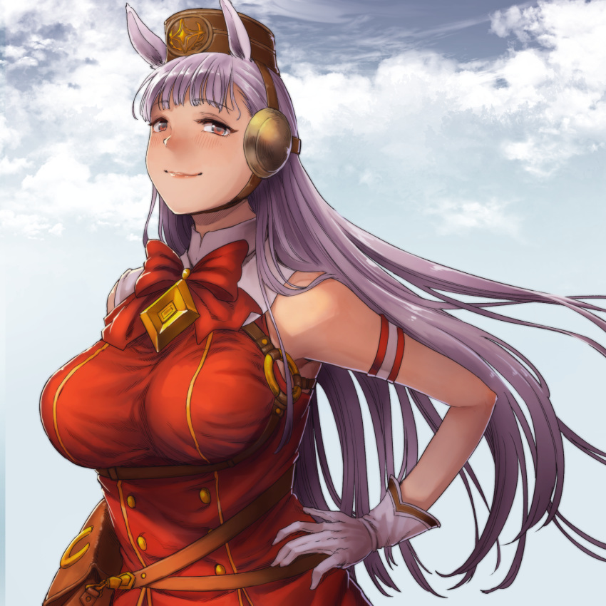 animal_ears armlet bangs bare_shoulders blue_sky blunt_bangs blush bow breasts bridle chiaki_rakutarou closed_mouth cloud cloudy_sky commentary_request day double_vertical_stripe dress ear_protection eyebrows_visible_through_hair gloves gold_ship gold_trim hand_on_hip harness hat highres horse_ears horse_girl large_breasts leather lips long_hair looking_at_viewer outdoors red_eyes silver_hair sky sleeveless sleeveless_dress smile solo standing strap umamusume white_gloves