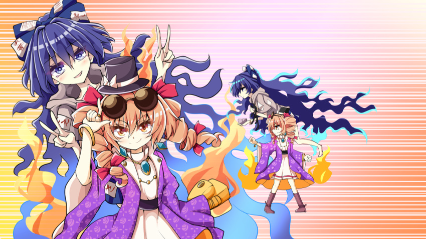 aki_chimaki bangs black_hat blue_bow blue_eyes blue_hair bow bowl commentary_request crack double_v drill_hair eyewear_on_head fate/grand_order fate_(series) floating from_side hair_between_eyes hair_bow hat hat_bow hat_ribbon holding holding_bowl jewelry long_hair looking_at_viewer multiple_girls multiple_views open_mouth parody ribbon ring round_eyewear short_sleeves siblings sisters smile sunglasses touhou twin_drills v very_long_hair white_bow white_ribbon yorigami_jo'on yorigami_shion