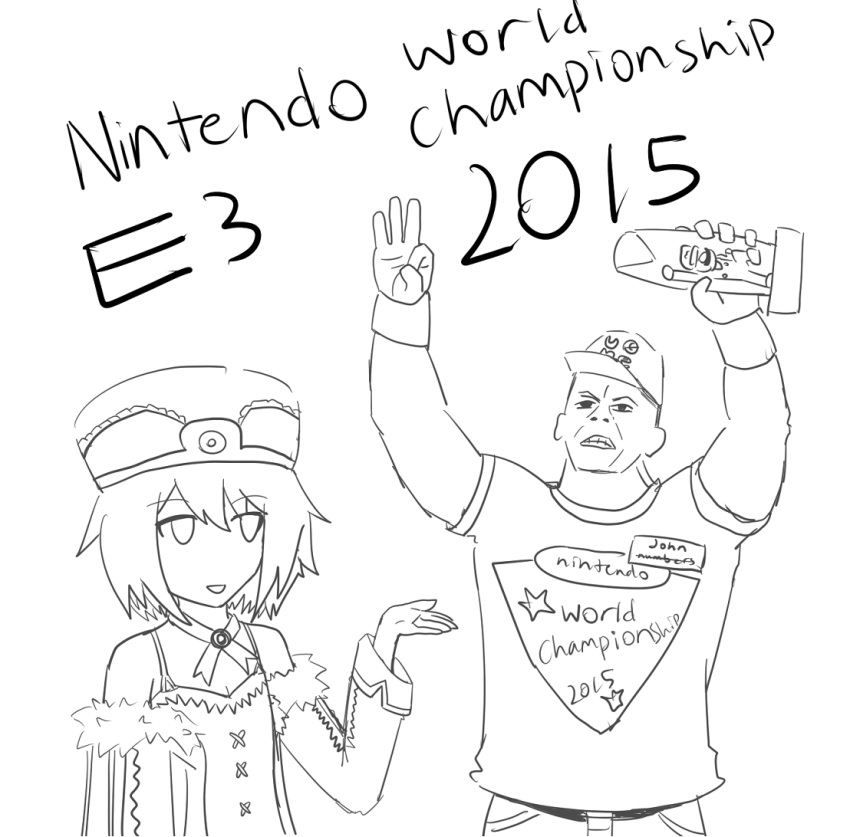 1girl 2015 blanc drawfag electronic_entertainment_expo greyscale hat john_cena monochrome neptune_(series) nintendo non-web_source open_mouth parody shirt smile trophy white_background wwe