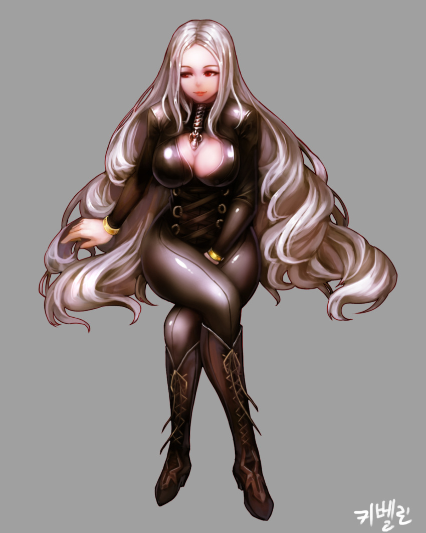 blush bodysuit breasts cleavage cleavage_cutout crossed_legs dungeon_and_fighter highres kibellin large_breasts long_hair looking_at_viewer smile solo white_hair