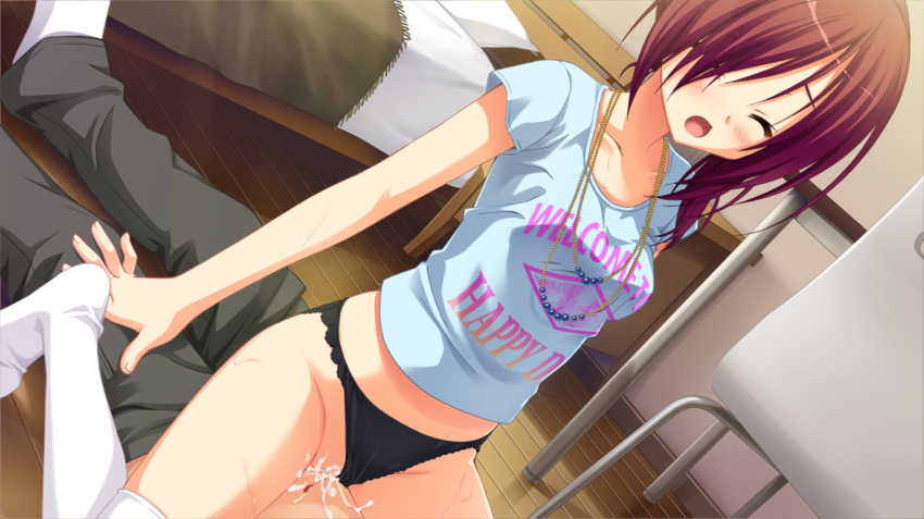 1boy 1girl arm_support bed black_panties blood blush breasts chair chitose_haruki clothed_sex clothes_writing collarbone cowgirl_position cum cum_in_pussy desk dutch_angle eyes_closed feet fingernails game_cg girl_on_top hair_over_one_eye hands hetero indoors jewelry karasuba_yukari kobuichi legs long_hair moaning muririn necklace no_pants no_shoes open_mouth orgasm panties panties_aside red_hair sex shirt short_sleeves small_breasts solo_focus straddling sweat t-shirt teacher_and_student tenshinranman thighhighs thighs third-party_edit uncensored underwear vaginal virgin white_legwear
