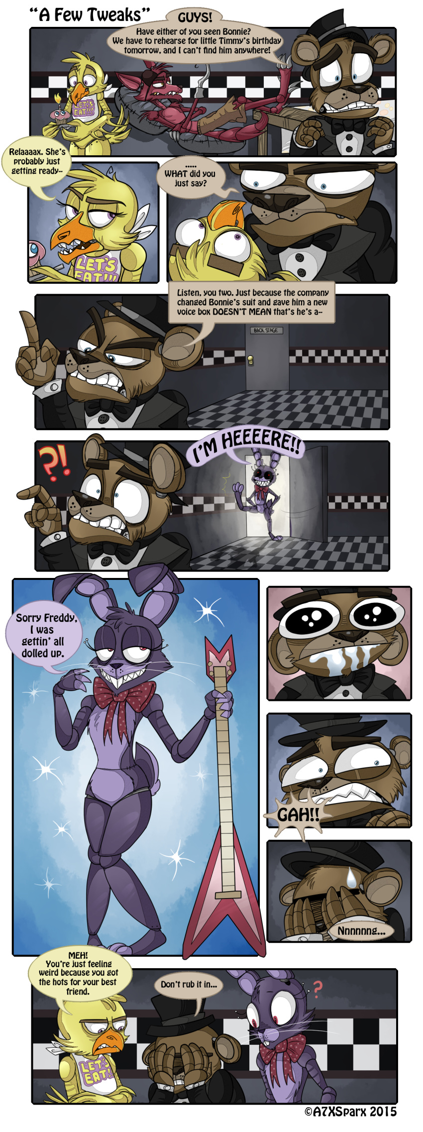 2015 a7xsparx animatronic anthro avian bear bird bonnie_(fnaf) canine chica_(fnaf) chicken comic cupcake_(fnaf) digital_media_(artwork) eye_patch eyewear female five_nights_at_freddy's fox foxy_(fnaf) freddy_(fnaf) hi_res hook lagomorph machine male mammal rabbit robot video_games